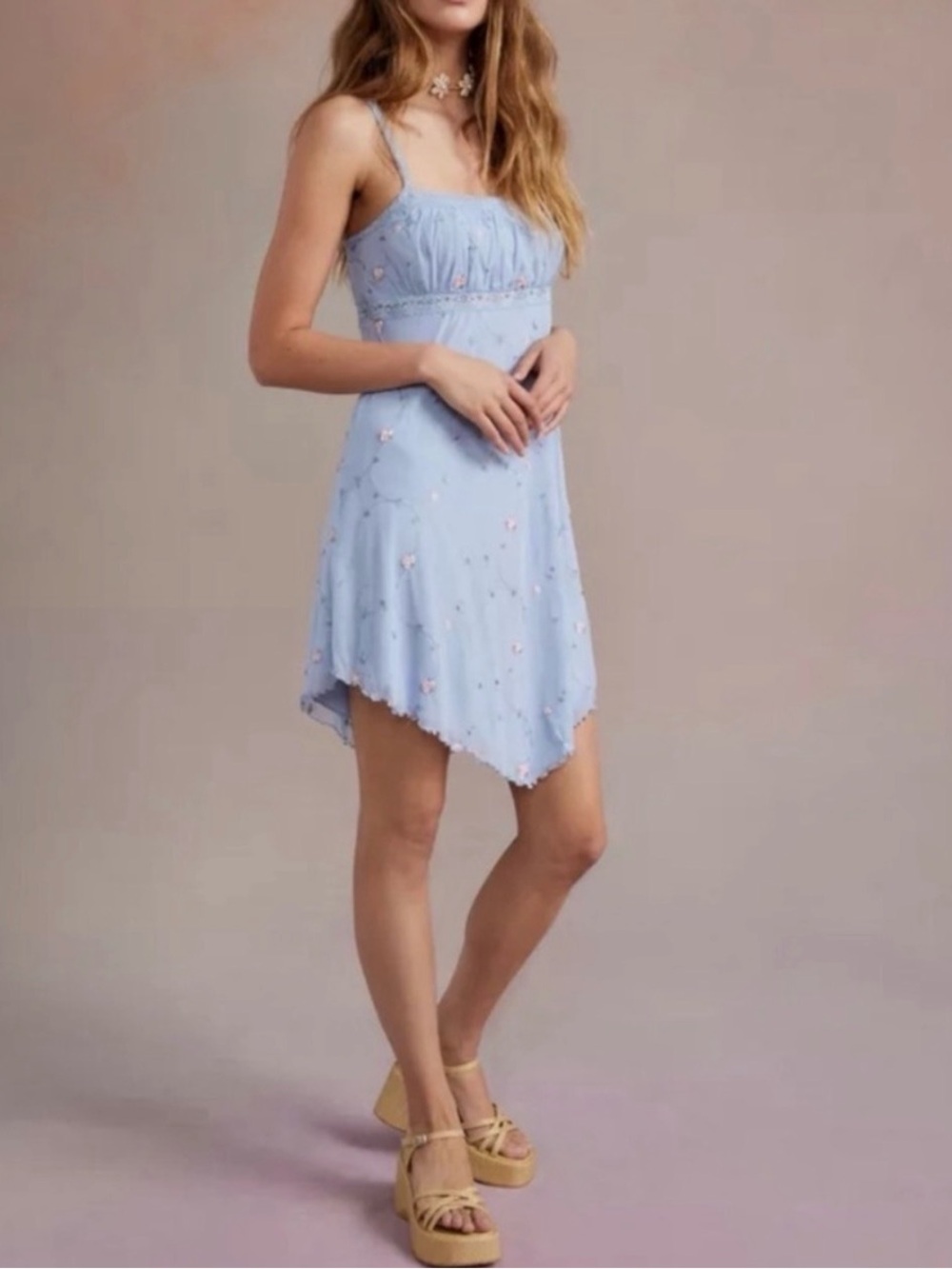 Urban Outfitters Light Blue Floral Embroidered Slip Dress (Small)